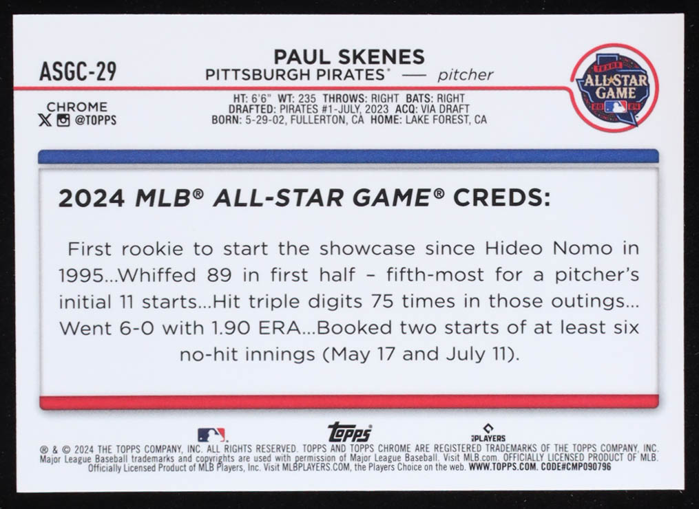 Paul Skenes 2024 Topps Chrome Update '24 All-Star Game #ASGC29 RC at PristineAuction.com Paul Skenes 2024 Topps Chrome Update '24 All-Star Game #ASGC29 RC at PristineAuction.com
