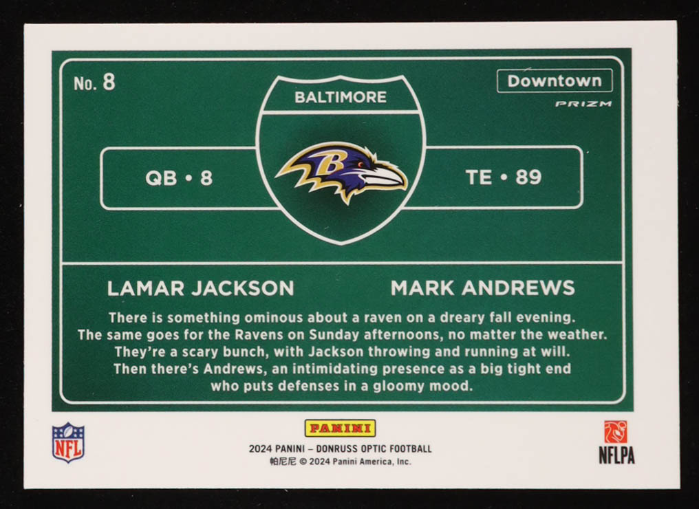 Lamar Jackson / Mark Andrews 2024 Donruss Optic Downtown Duos #8 at PristineAuction.com Lamar Jackson / Mark Andrews 2024 Donruss Optic Downtown Duos #8 at PristineAuction.com