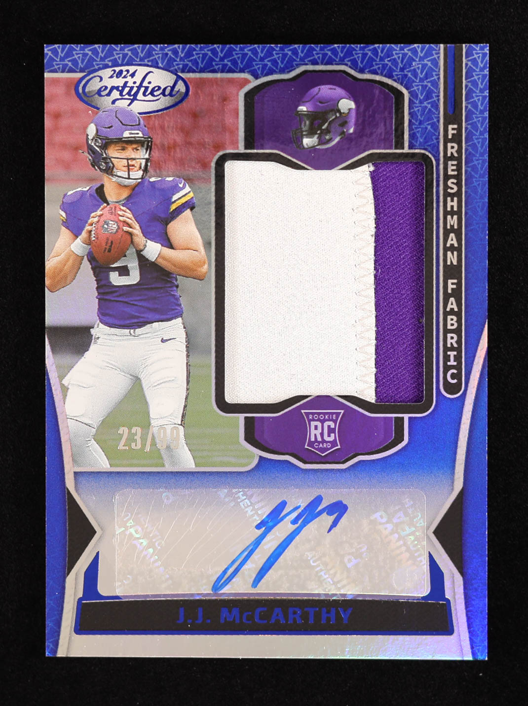 JJ McCarthy 2024 Certified Freshman Fabric Mirror Signatures Blue #1 #23/99 RC at PristineAuction.com JJ McCarthy 2024 Certified Freshman Fabric Mirror Signatures Blue #1 #23/99 RC at PristineAuction.com