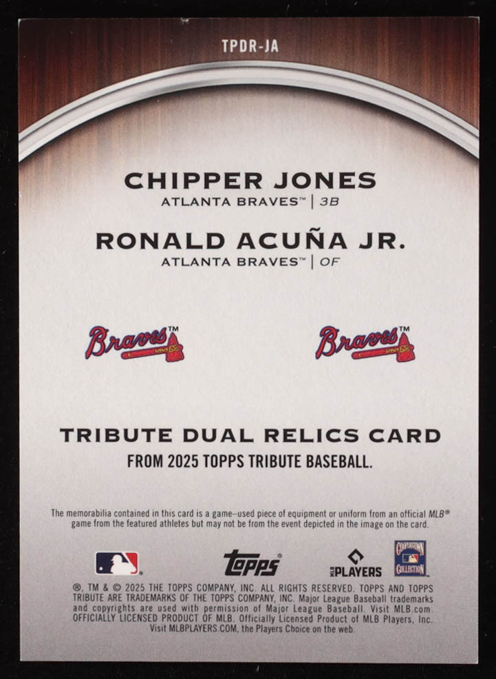 Ronald Acuna Jr./Chipper Jones 2025 Topps Tribute Dual Player Relics Red #TPDRJA #01/10 at PristineAuction.com Ronald Acuna Jr./Chipper Jones 2025 Topps Tribute Dual Player Relics Red #TPDRJA #01/10 at PristineAuction.com