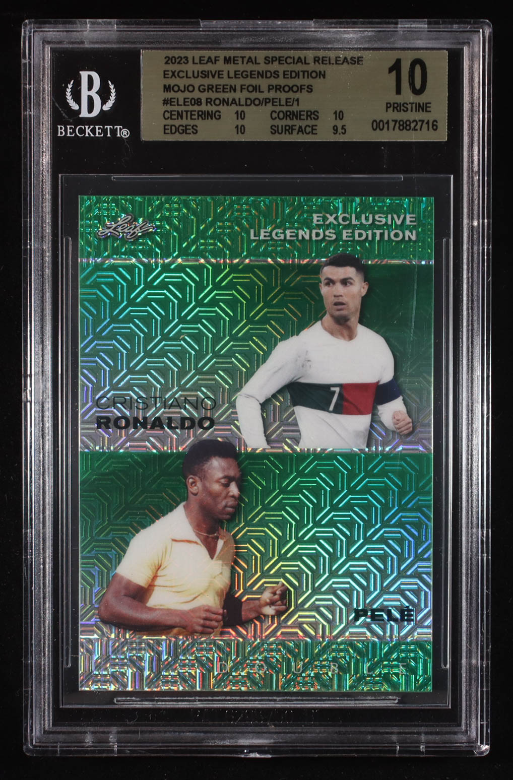 Cristiano Ronaldo / Pele 2023 Leaf Metal Special Release Exclusive Legends Edition Mojo Green Foil Proofs #ELE08 #1/1 (BGS 10) at PristineAuction.com Cristiano Ronaldo / Pele 2023 Leaf Metal Special Release Exclusive Legends Edition Mojo Green Foil Proofs #ELE08 #1/1 (BGS 10) at PristineAuction.com