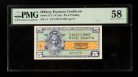 1954-58 U.S. 5¢ Military Payment Certificate - Series 521, 1st Printing (PMG CHOICE AU58) at PristineAuction.com