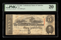 1863 $5 Confederate Currency Note, T-60 (PMG VF20) at PristineAuction.com