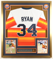 Nolan Ryan Signed Custom Framed Jersey Display Inscribed "108.5 M.P.H. Fastball" with "Ryan Express" Pin & Stat Plate (PSA) at PristineAuction.com