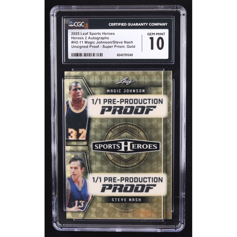 Magic Johnson / Steve Nash 2025 Leaf Sports Heroes Super Prismatic Gold Pre-Production Proof #H211 #1/1 (CGC 10) at PristineAuction.com