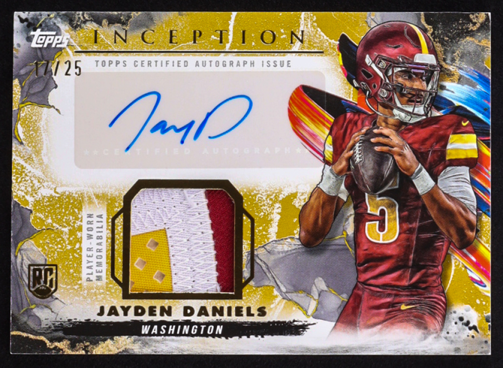 Jayden Daniels 2024 Topps Inception Provenance Patch Autographs Gold #PPAJD #17/25 RC