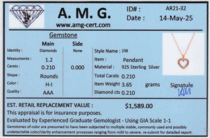 0.21 CTW Natural Diamonds 18K Gold Plated Designer Heart Shape Pendant 18 in  | Estimated Retail Value: $1,589 (AMG) at PristineAuction.com 0.21 CTW Natural Diamonds 18K Gold Plated Designer Heart Shape Pendant 18 in  | Estimated Retail Value: $1,589 (AMG) at PristineAuction.com