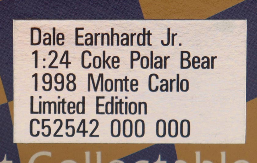 Dale Earnhardt Jr. Signed 1998 #1 Coke Polar Bear Monte Carlo 1:24 Diecast Car (JR Motorsports) at PristineAuction.com Dale Earnhardt Jr. Signed 1998 #1 Coke Polar Bear Monte Carlo 1:24 Diecast Car (JR Motorsports) at PristineAuction.com