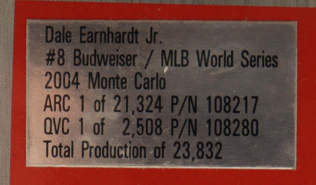 Dale Earnhardt Jr. Signed 2004 #8 Budweiser / MLB World Series Monte Carlo 1:24 Diecast Car (JR Motorsports) at PristineAuction.com Dale Earnhardt Jr. Signed 2004 #8 Budweiser / MLB World Series Monte Carlo 1:24 Diecast Car (JR Motorsports) at PristineAuction.com