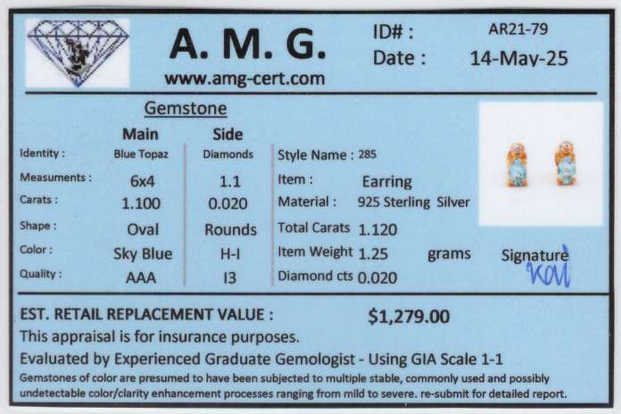 1.12 CTW Natural Blue Topaz And Diamonds 18K Gold Plated Designer Earrings H-I,  I3 | Estimated Value $1,279 (AMG) at PristineAuction.com 1.12 CTW Natural Blue Topaz And Diamonds 18K Gold Plated Designer Earrings H-I,  I3 | Estimated Value $1,279 (AMG) at PristineAuction.com