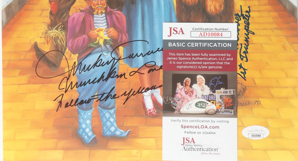 Jerry Maren, Mickey Carroll & Karl Slover Signed "The Wizard of Oz" 11.5x14.5 Print with Multiple Inscriptions (JSA) at PristineAuction.com Jerry Maren, Mickey Carroll & Karl Slover Signed "The Wizard of Oz" 11.5x14.5 Print with Multiple Inscriptions (JSA) at PristineAuction.com