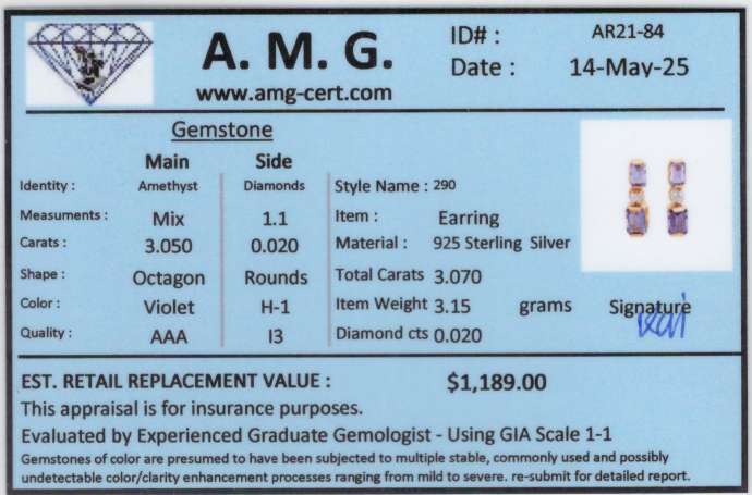 3.07 CTW Natural Amethyst & Diamonds 18K Gold Plated Designer Earrings H-1, I3 | Estimated Retail Value: $1,189 (AMG) at PristineAuction.com 3.07 CTW Natural Amethyst & Diamonds 18K Gold Plated Designer Earrings H-1, I3 | Estimated Retail Value: $1,189 (AMG) at PristineAuction.com
