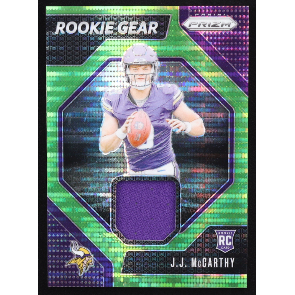 J.J. McCarthy 2024 Panini Prizm Premier Jerseys Neon Green Pulsar #8 RC at PristineAuction.com