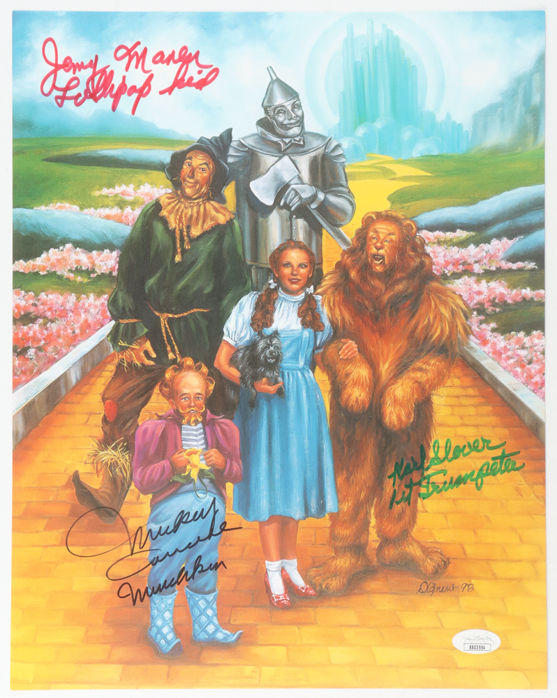 Jerry Maren, Mickey Carroll & Karl Slover Signed "The Wizard of Oz" 11.5x14.5 Print with Multiple Inscriptions (JSA) at PristineAuction.com Jerry Maren, Mickey Carroll & Karl Slover Signed "The Wizard of Oz" 11.5x14.5 Print with Multiple Inscriptions (JSA) at PristineAuction.com
