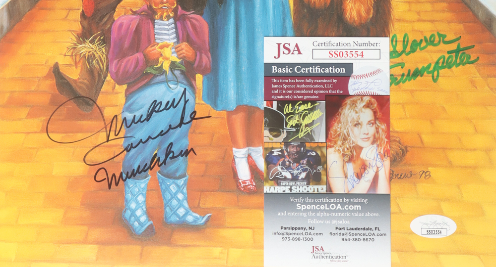 Jerry Maren, Mickey Carroll & Karl Slover Signed "The Wizard of Oz" 11.5x14.5 Print with Multiple Inscriptions (JSA) at PristineAuction.com Jerry Maren, Mickey Carroll & Karl Slover Signed "The Wizard of Oz" 11.5x14.5 Print with Multiple Inscriptions (JSA) at PristineAuction.com
