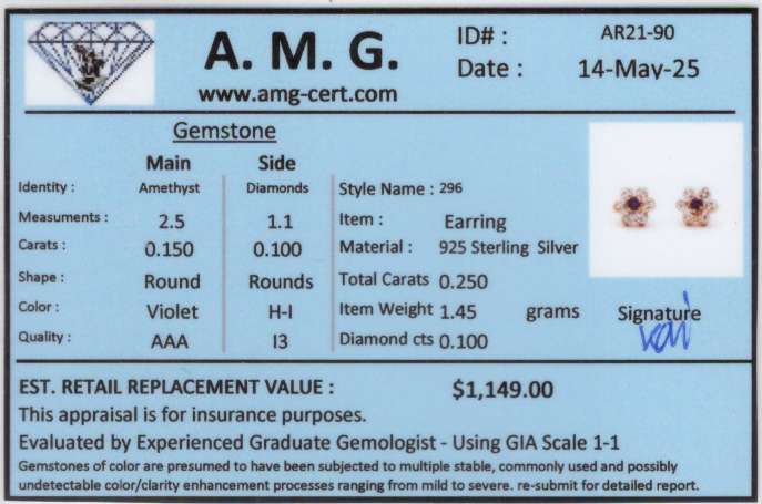 0.25 CTW Natural Amethyst & Diamonds 18K Gold Plated Designer Earrings H-I, I3 | Estimated Retail Value: $1,149 (AMG) at PristineAuction.com 0.25 CTW Natural Amethyst & Diamonds 18K Gold Plated Designer Earrings H-I, I3 | Estimated Retail Value: $1,149 (AMG) at PristineAuction.com
