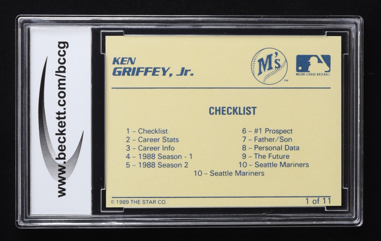 Ken Griffey Jr. 1989 Star Griffey Jr. White-Blue #1 Checklist RC (BCCG 9) at PristineAuction.com Ken Griffey Jr. 1989 Star Griffey Jr. White-Blue #1 Checklist RC (BCCG 9) at PristineAuction.com