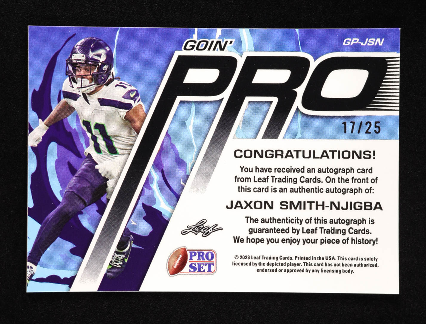 Jaxon Smith-Njigba 2023 Leaf Pro Set Goin' Pro Autograph Prismatic Silver #GP-JSN #17/25 RC at PristineAuction.com Jaxon Smith-Njigba 2023 Leaf Pro Set Goin' Pro Autograph Prismatic Silver #GP-JSN #17/25 RC at PristineAuction.com