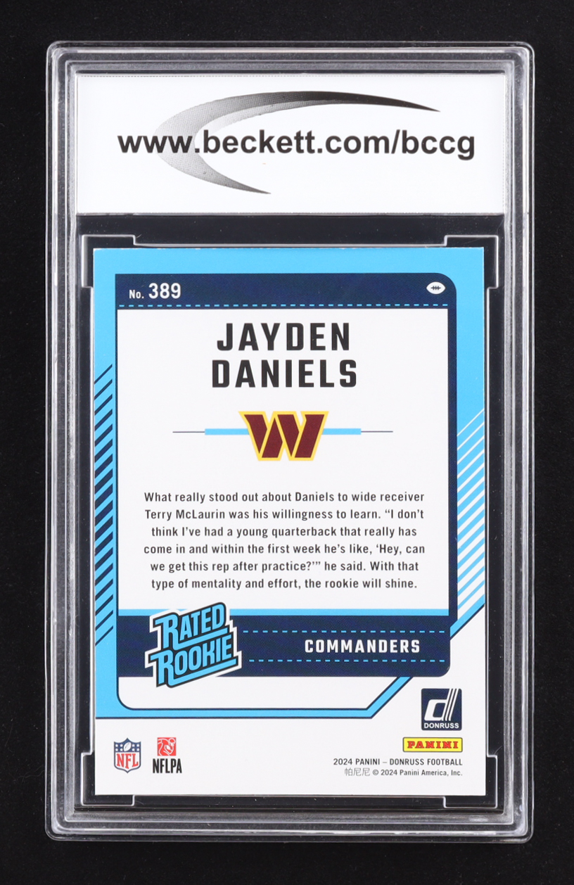 Jayden Daniels 2024 Donruss Rated Rookie #389 RC (BCCG 9) at PristineAuction.com Jayden Daniels 2024 Donruss Rated Rookie #389 RC (BCCG 9) at PristineAuction.com
