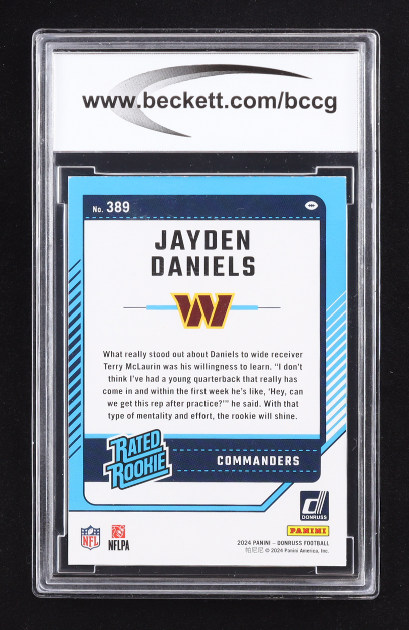 Jayden Daniels 2024 Donruss Rated Rookie #389 RC (BCCG 9) at PristineAuction.com Jayden Daniels 2024 Donruss Rated Rookie #389 RC (BCCG 9) at PristineAuction.com
