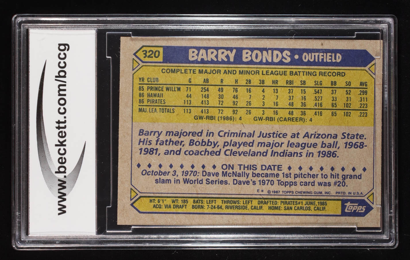 Barry Bonds 1987 Topps #320 RC (BCCG 9) at PristineAuction.com Barry Bonds 1987 Topps #320 RC (BCCG 9) at PristineAuction.com