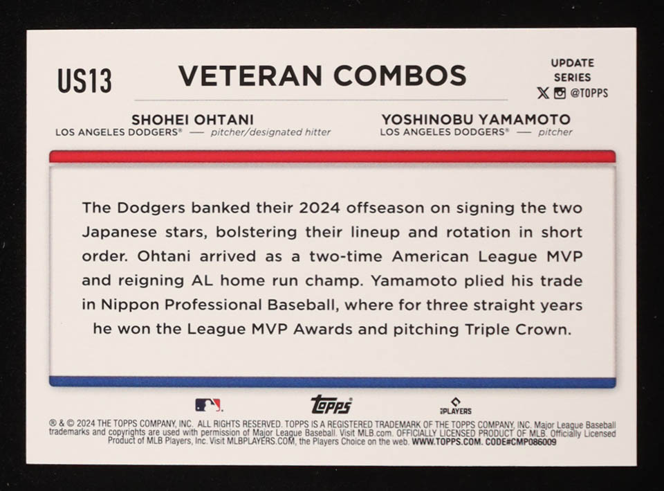 Shohei Ohtani / Yoshinobu Yamamoto 2024 Topps Update Rainbow Foil #US13 RC at PristineAuction.com Shohei Ohtani / Yoshinobu Yamamoto 2024 Topps Update Rainbow Foil #US13 RC at PristineAuction.com