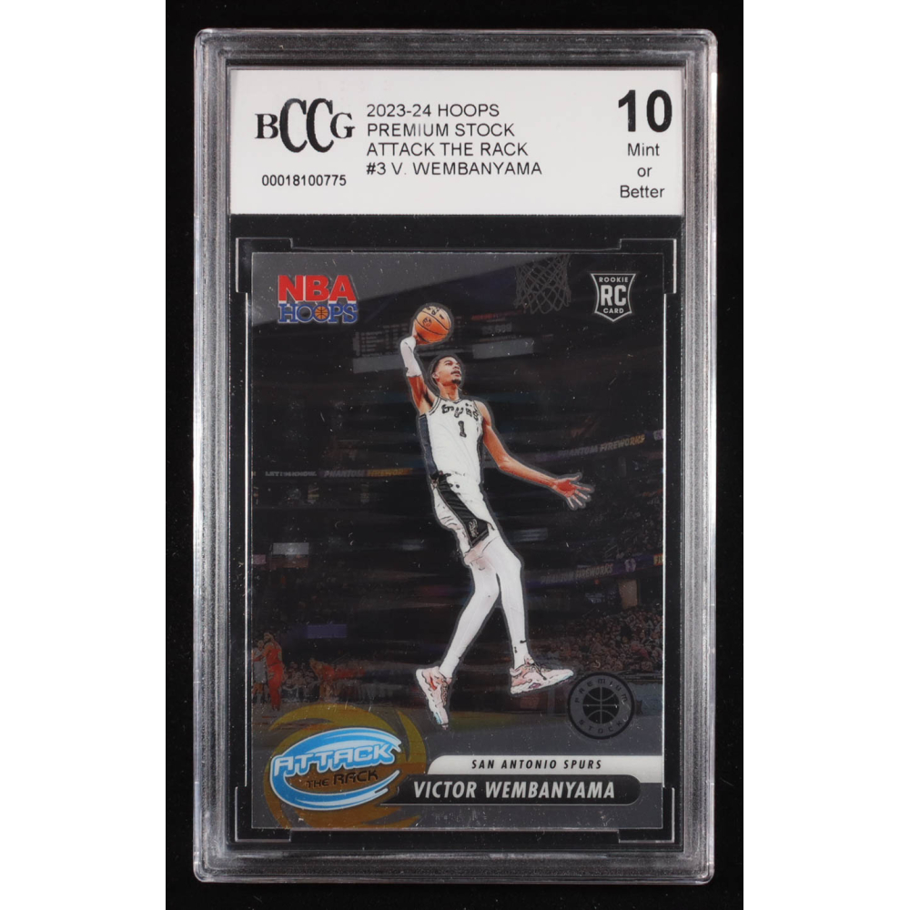 Victor Wembanyama 2023-24 Hoops Premium Stock Attack The Rack #3 RC (BCCG 10) at PristineAuction.com