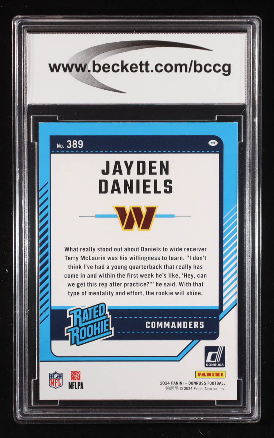 Jayden Daniels 2024 Donruss Rated Rookie #389 RC (BCCG 9) at PristineAuction.com Jayden Daniels 2024 Donruss Rated Rookie #389 RC (BCCG 9) at PristineAuction.com
