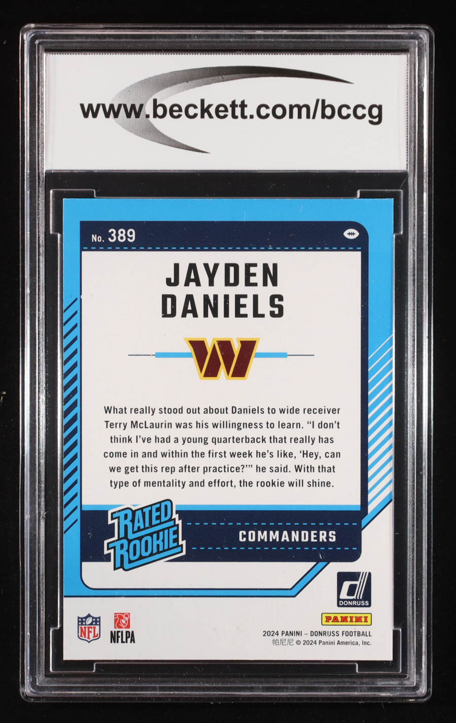 Jayden Daniels 2024 Donruss Rated Rookie #389 RC (BCCG 9) at PristineAuction.com Jayden Daniels 2024 Donruss Rated Rookie #389 RC (BCCG 9) at PristineAuction.com