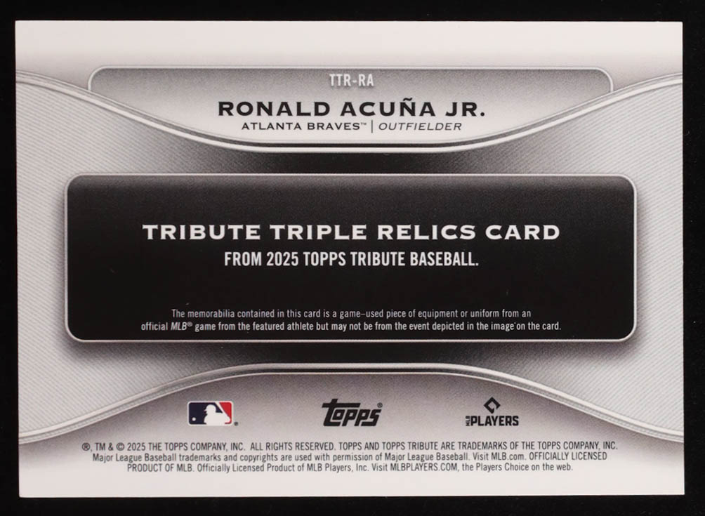 Ronald Acuna Jr. 2025 Topps Tribute Triple Relics Gold #TTRRA #37/75 at PristineAuction.com Ronald Acuna Jr. 2025 Topps Tribute Triple Relics Gold #TTRRA #37/75 at PristineAuction.com