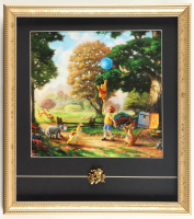 Disney "Winnie The Pooh" Custom Framed Print Display by Thomas Kinkade with Gold Disney Pooh & Tigger Figurines at PristineAuction.com