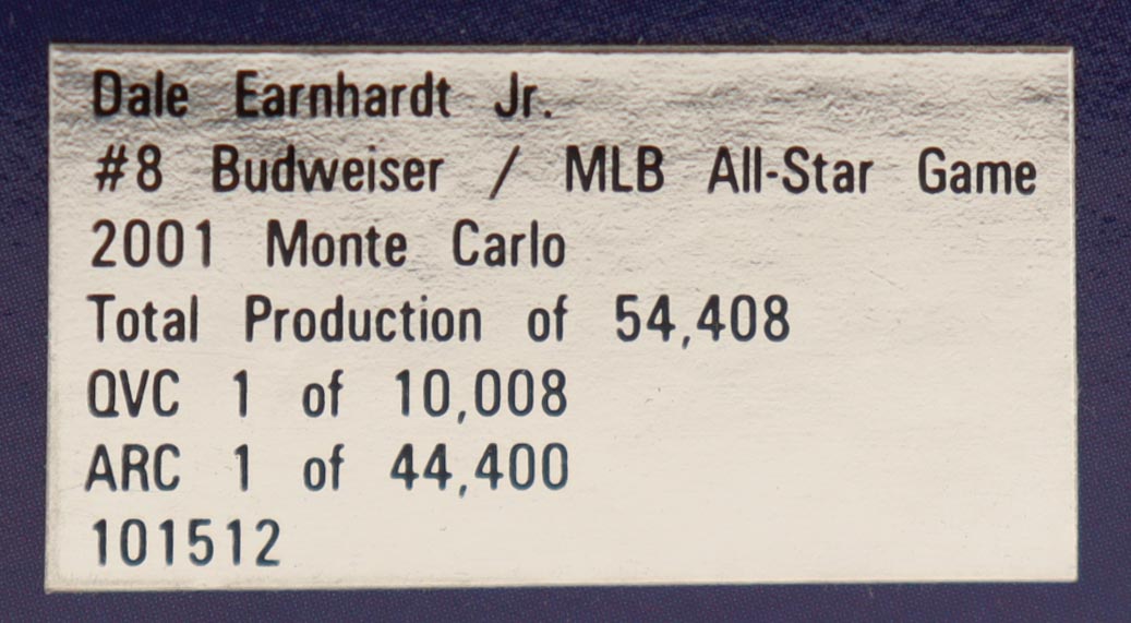 Dale Earnhardt Jr. Signed 2001 #8 Budweiser / MLB All-Star Game Monte Carlo 1:24 Diecast Car (JR Motorsports) at PristineAuction.com Dale Earnhardt Jr. Signed 2001 #8 Budweiser / MLB All-Star Game Monte Carlo 1:24 Diecast Car (JR Motorsports) at PristineAuction.com