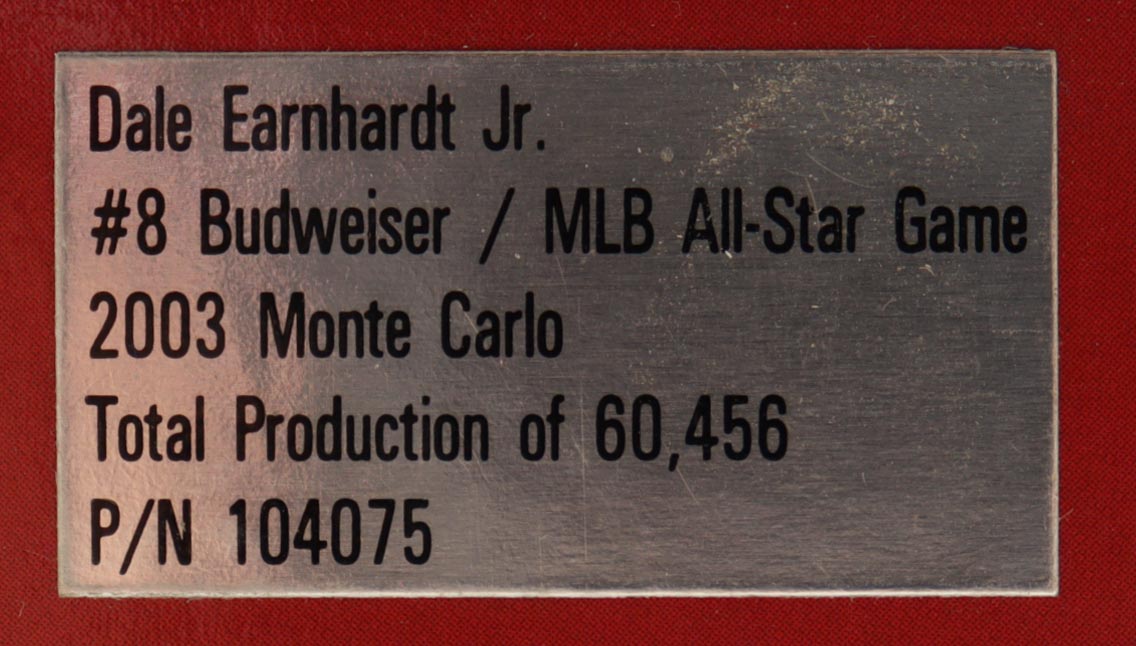 Dale Earnhardt Jr. Signed 2003 #8 Budweiser / MLB All-Star Game Monte Carlo 1:24 Diecast Car (JR Motorsports) at PristineAuction.com Dale Earnhardt Jr. Signed 2003 #8 Budweiser / MLB All-Star Game Monte Carlo 1:24 Diecast Car (JR Motorsports) at PristineAuction.com