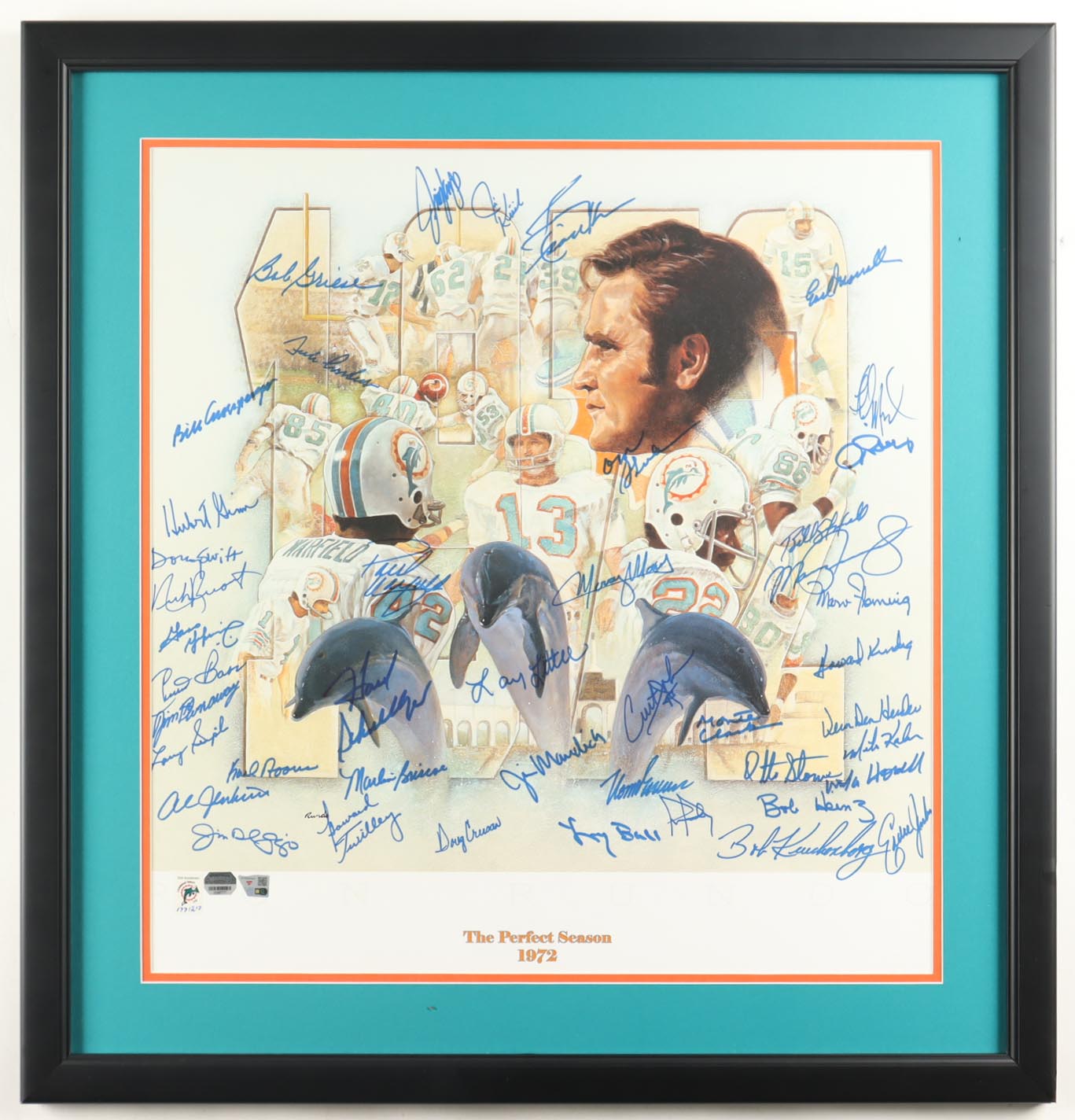 LE Miami Dolphins "The Perfect Season 1972" Custom Framed Lithograph Display Signed by (42) with Dick Anderson, Charlie Babb, Larry Ball, Marlin Briscoe #177/217 (Fanatics & Mounted Memories) at PristineAuction.com LE Miami Dolphins "The Perfect Season 1972" Custom Framed Lithograph Display Signed by (42) with Dick Anderson, Charlie Babb, Larry Ball, Marlin Briscoe #177/217 (Fanatics & Mounted Memories) at PristineAuction.com