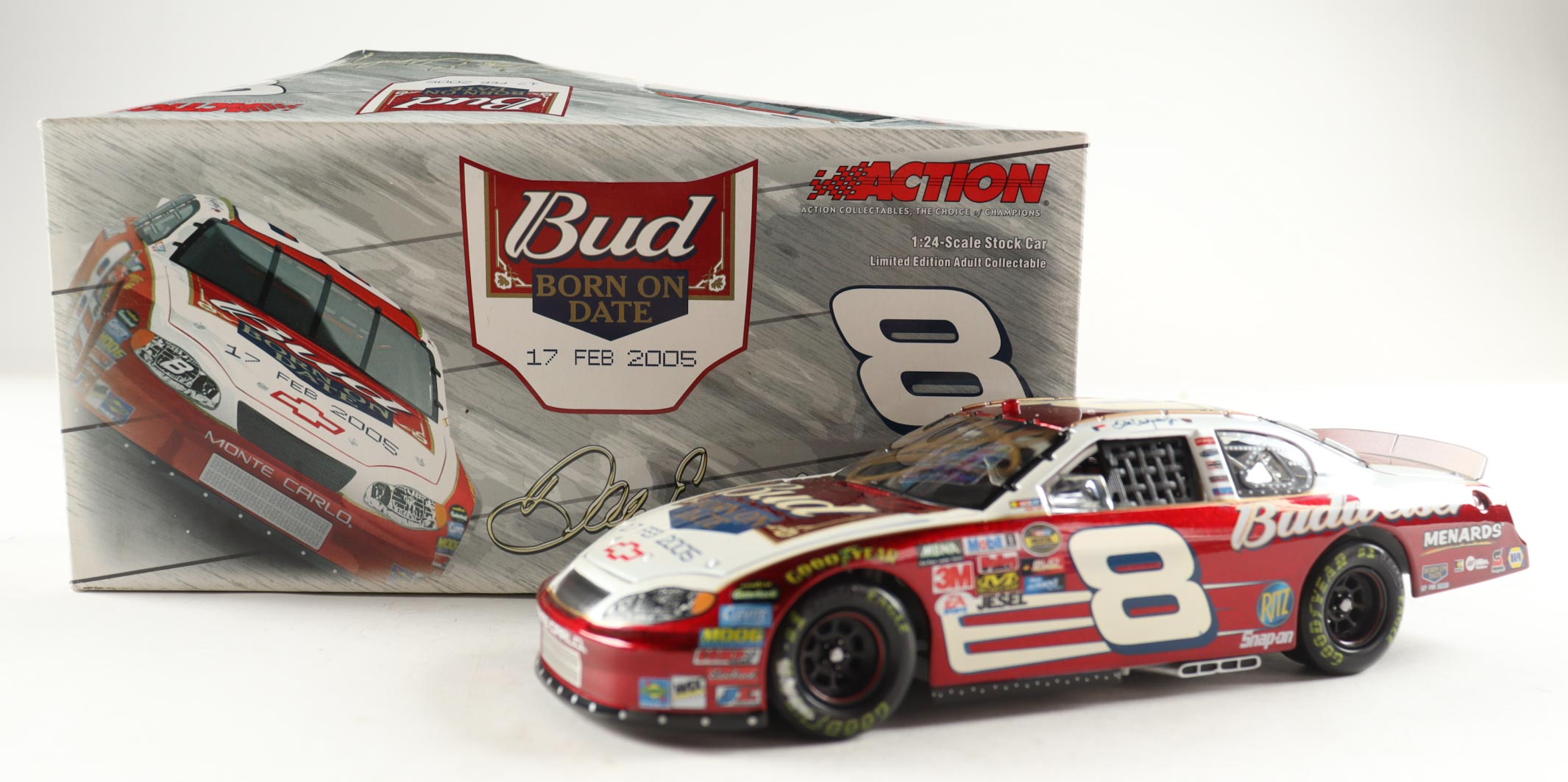 Dale Earnhardt Jr. Signed 2005 #8 Budweiser / Dual at Daytona / Born On Date Feb 17 Monte Carlo 1:24 Diecast Car (JR Motorsports) at PristineAuction.com Dale Earnhardt Jr. Signed 2005 #8 Budweiser / Dual at Daytona / Born On Date Feb 17 Monte Carlo 1:24 Diecast Car (JR Motorsports) at PristineAuction.com