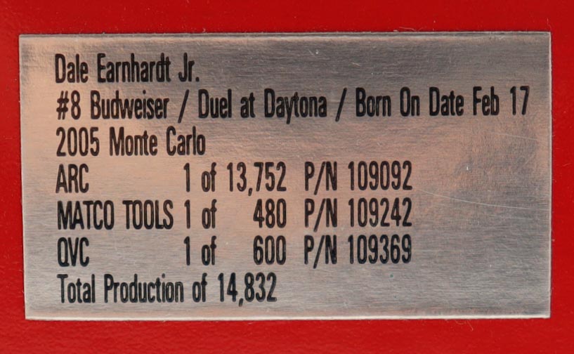 Dale Earnhardt Jr. Signed 2005 #8 Budweiser / Dual at Daytona / Born On Date Feb 17 Monte Carlo 1:24 Diecast Car (JR Motorsports) at PristineAuction.com Dale Earnhardt Jr. Signed 2005 #8 Budweiser / Dual at Daytona / Born On Date Feb 17 Monte Carlo 1:24 Diecast Car (JR Motorsports) at PristineAuction.com