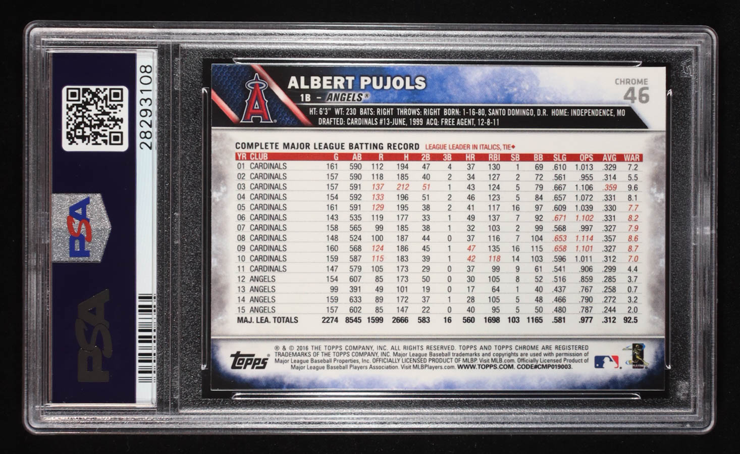 Albert Pujols 2016 Topps Chrome Pink Refractor #46 (PSA 10) at PristineAuction.com Albert Pujols 2016 Topps Chrome Pink Refractor #46 (PSA 10) at PristineAuction.com