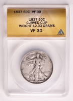 Mint Error 1937 Walking Liberty Half Dollar Curved Clip Weight 12.33 Grams (ANACS VF30) at PristineAuction.com