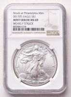 Mint Error 2017-(P) American Silver Eagle $1 Coin Struck at Philadelphia Weakly Struck (NGC MS69) at PristineAuction.com