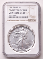 Mint Error 1992 American Silver Eagle $1 Coin Obverse Struck Through (NGC MS69) at PristineAuction.com