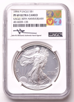 1994-P American Silver Eagle $1 One Dollar Coin - 30th Anniversary, John M. Mercanti Signed Label (NGC Proof 69 Ultra Cameo) at PristineAuction.com