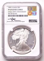 1992-S American Silver Eagle $1 One Dollar Coin - 30th Anniversary, John M. Mercanti Signed Label (NGC Proof 69 Ultra Cameo) at PristineAuction.com