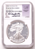 2004-W American Silver Eagle $1 One Dollar Coin - Elizabeth Jones Signed Label (NGC Proof 69 Ultra Cameo) at PristineAuction.com