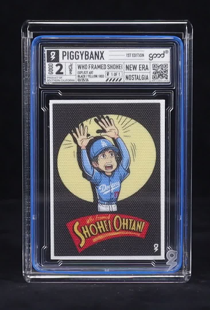 Shohei Ohtani PiggyBanx "Who Framed Shohei" Good 2 1st Edition Cavas Refractor #1/1 with Case at PristineAuction.com
