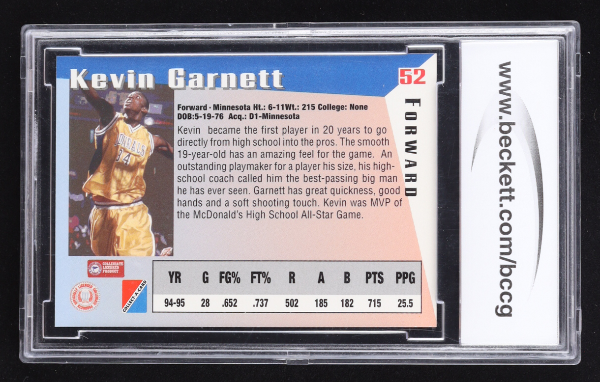Kevin Garnett 1995 Collect-A-Card #52 RC (BCCG 10) at PristineAuction.com Kevin Garnett 1995 Collect-A-Card #52 RC (BCCG 10) at PristineAuction.com