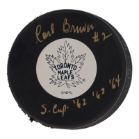 Carl Brewer Signed Maple Leafs Logo Hockey Puck Inscribed "S. Cup '62 '63 '64" (Beckett) at PristineAuction.com