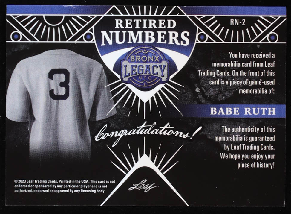 Babe Ruth 2023 Leaf Bronx Legacy Retired Numbers Game-Used Memorabilia ...
