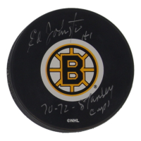 Eddie Johnston Signed Bruins Logo Hockey Puck Inscribed "70-72 Stanley Cups" (Beckett & AJ's Sports World) at PristineAuction.com