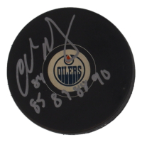 Charlie Huddy Signed Oilers Logo Hockey Puck Inscribed "84, 85, 87, 88, 90" (Beckett) at PristineAuction.com