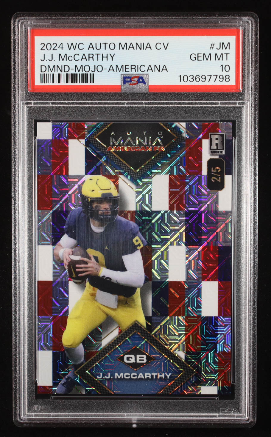 J.J. McCarthy 2024 Wild Card Auto Mania American Baseball Diamond Red White Blue Pattern Mojo #AMAD-JM RC #2/5 (PSA 10) at PristineAuction.com J.J. McCarthy 2024 Wild Card Auto Mania American Baseball Diamond Red White Blue Pattern Mojo #AMAD-JM RC #2/5 (PSA 10) at PristineAuction.com